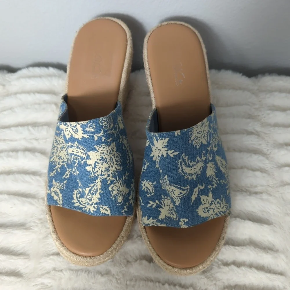 PIONEER WOMAN Mariela blue floral‎ canvas espadrille wedge slide sandals Size 9